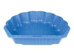Blue shell-shaped plastic sandbox for children's outdoor play.