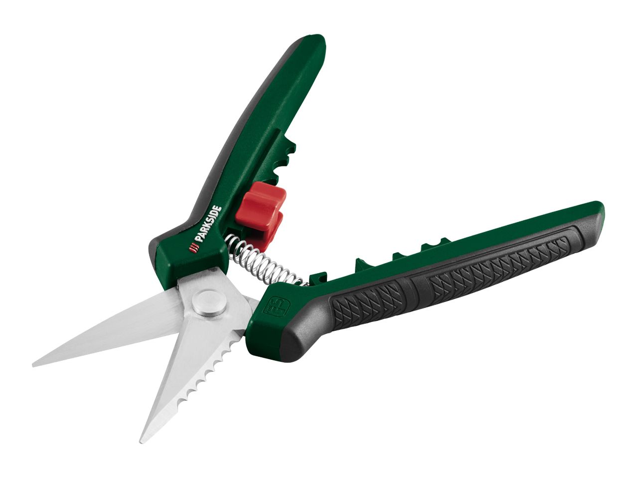 Green and black garden shears with a red locking mechanism and a spring