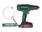 Parkside drill keychain with a miniature drill and logo tag.