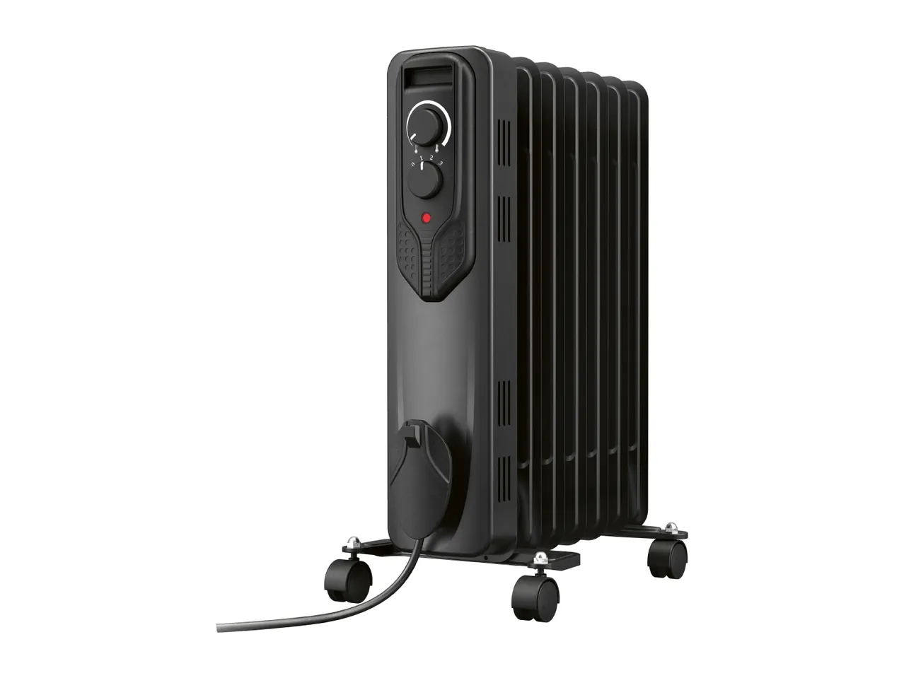 Black oil-filled radiator with control knobs, power cord, and wheels on a white background