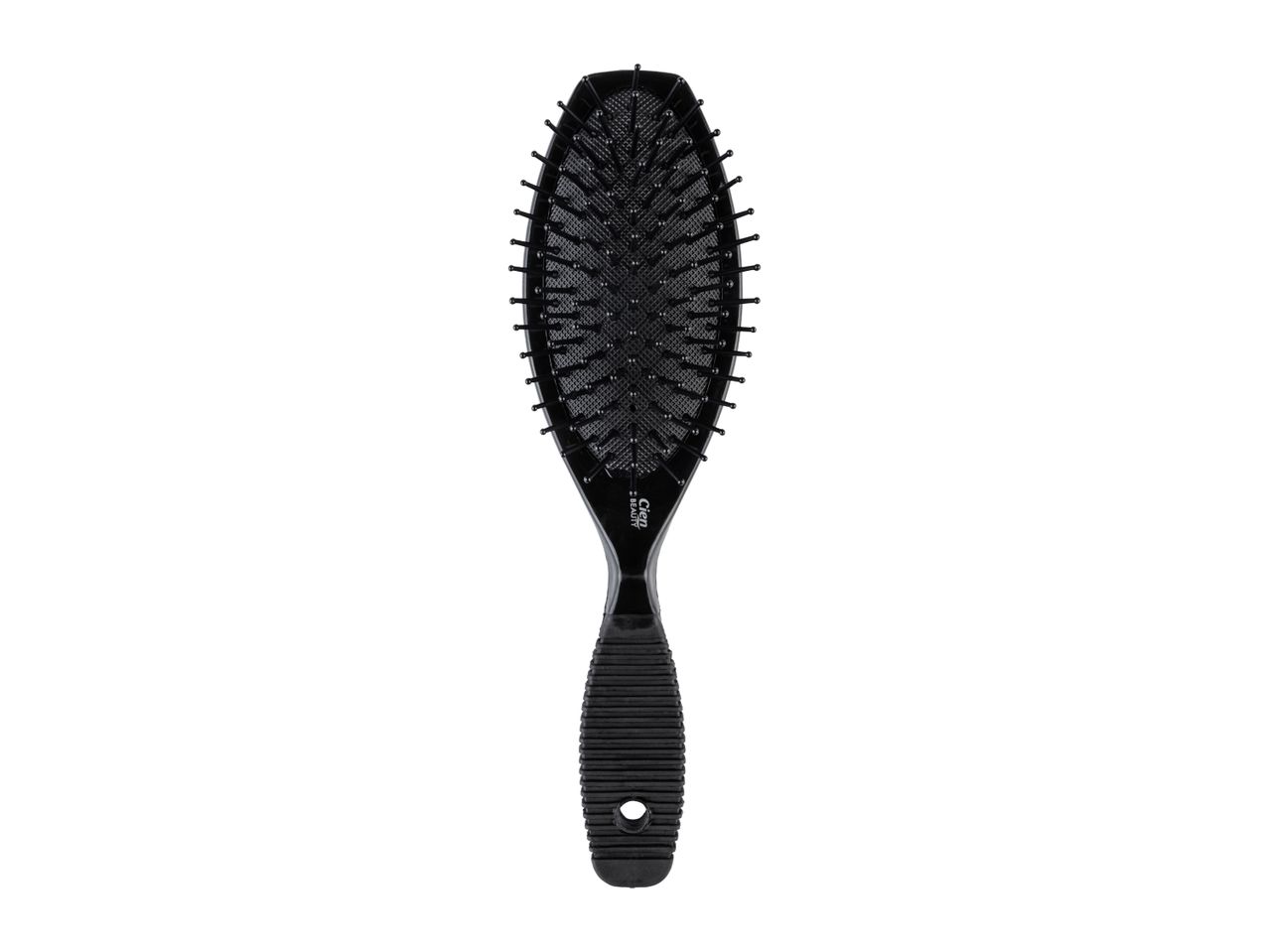 Black oval hairbrush with a textured handle and flexible bristles, ideal for detangling.