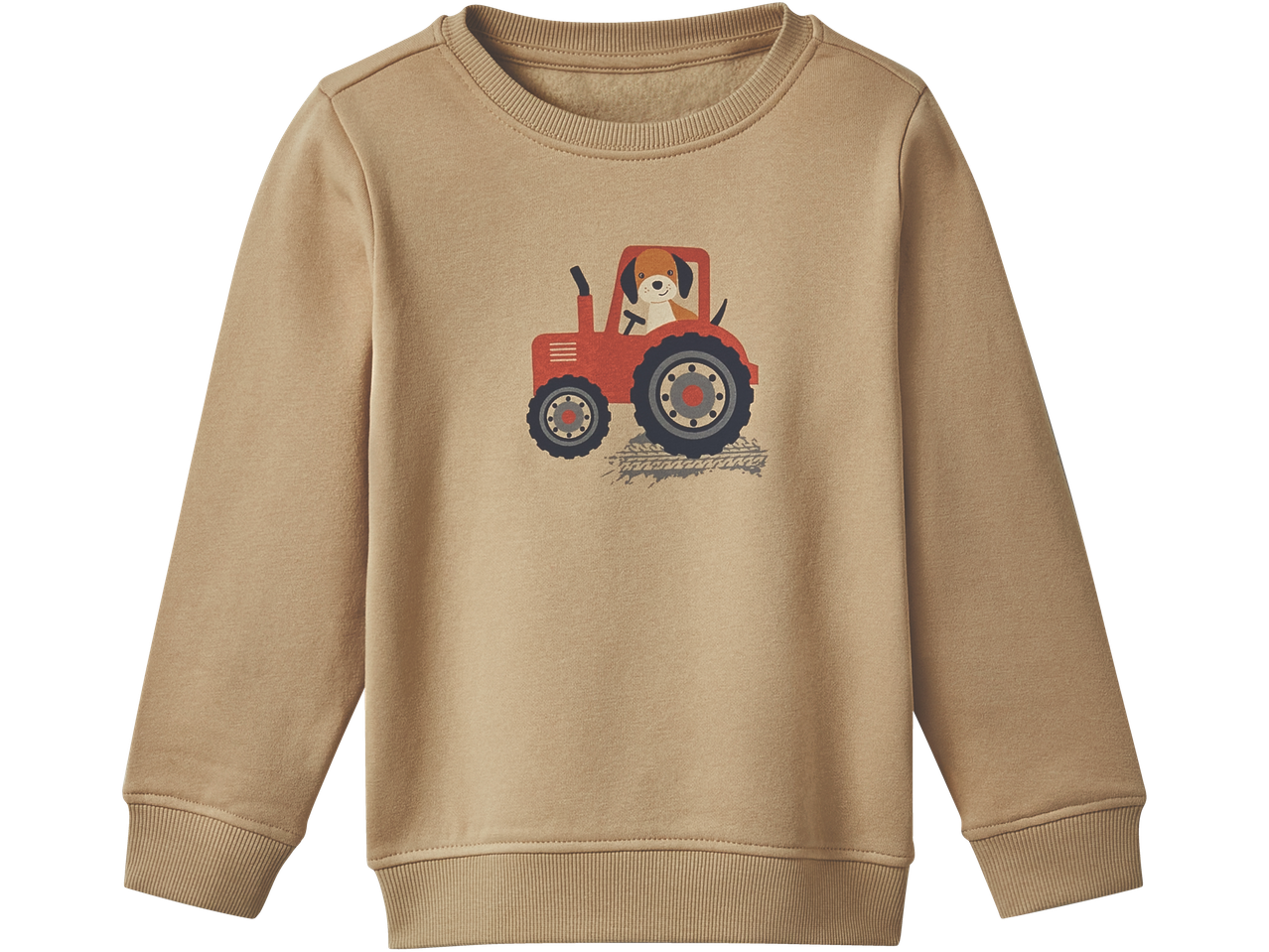 Camisola bege infantil com estampa de trator vermelho e cão.
