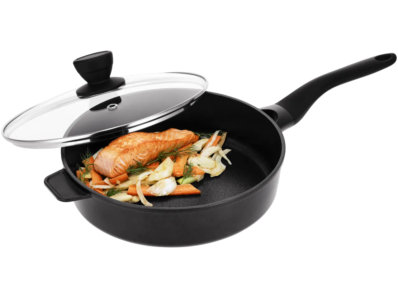 Silvercrest® Aluguss-Schmorpfanne with salmon and vegetables, with lid.