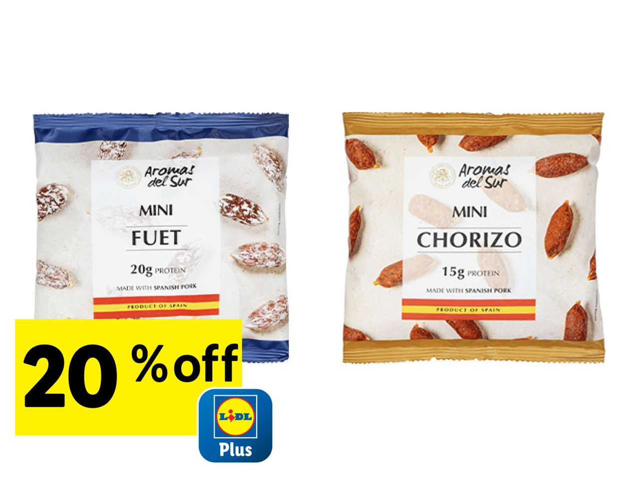 Two bags of mini fuet and chorizo, with a 20% off Lidl Plus offer.