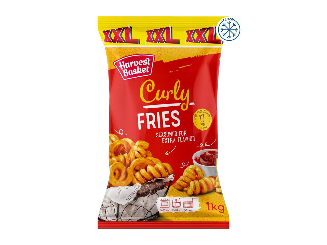 Harvest Basket Curly Fries, seasoned for extra flavor, 1kg frozen pack.