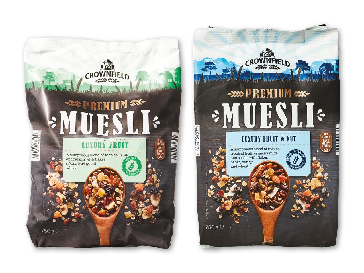 To poser premium müsli, en med luksusfrugt og en med luksusfrugt og nødder.