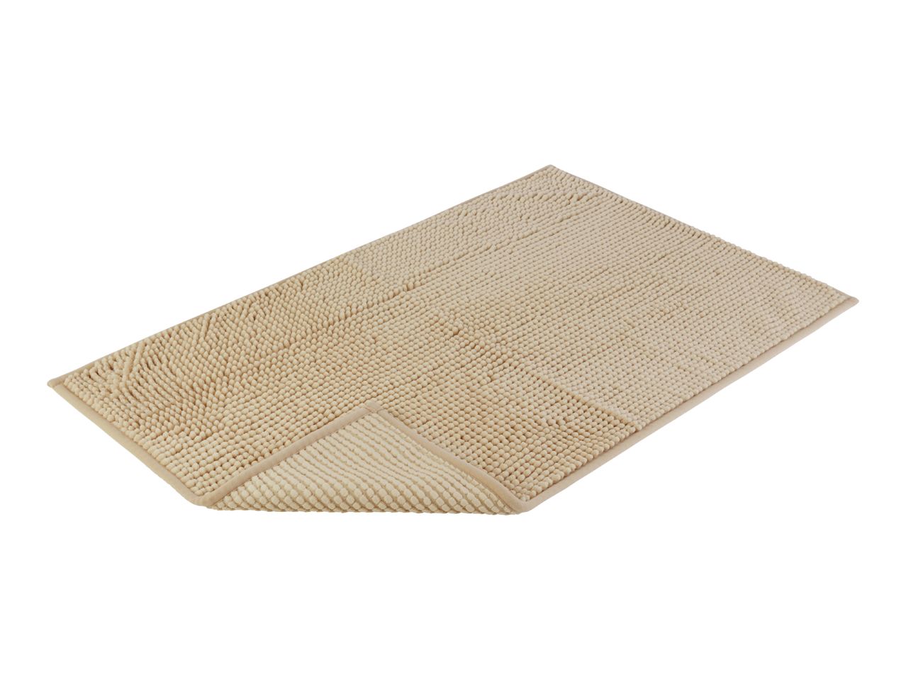 A beige bath mat with a textured surface is shown at a slight angle.