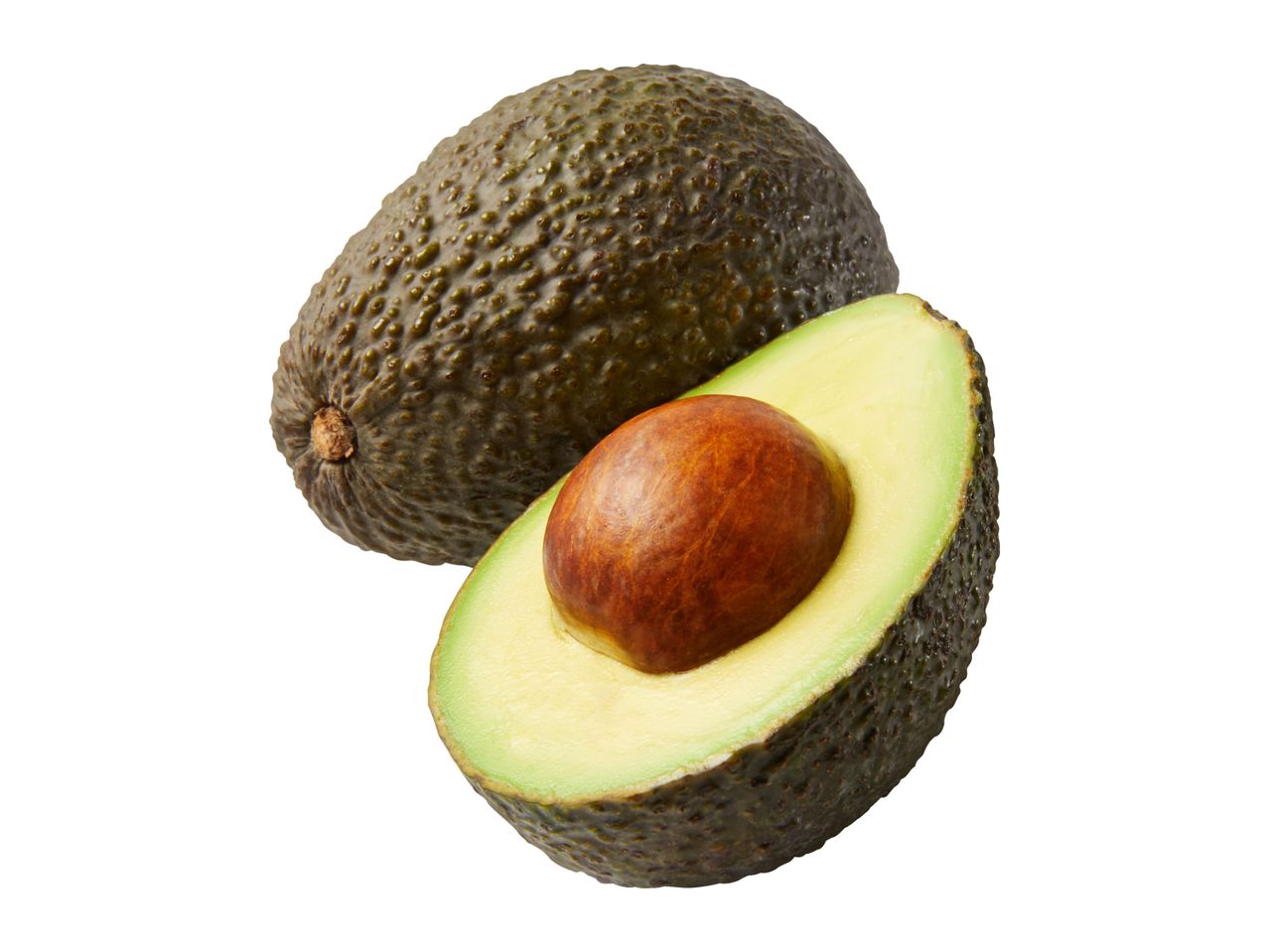 Whole avocado and a half avocado with a pit on a white background