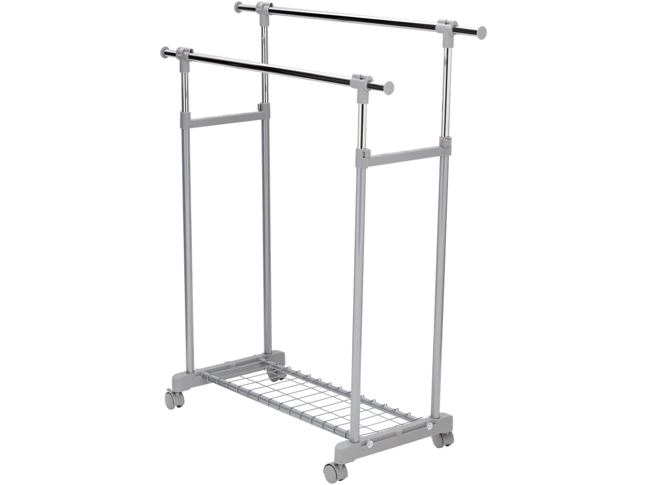 Dvigubas drabužių stovas su ratukais, pilkos spalvos metalinis rėmas.