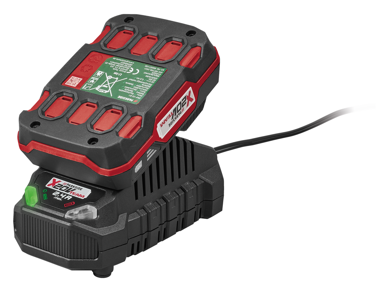 Parkside X 20 V Team akumuliatorius ir 2,4 A įkroviklis.