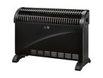 Black electric convector heater with a top grille and two warning symbols
