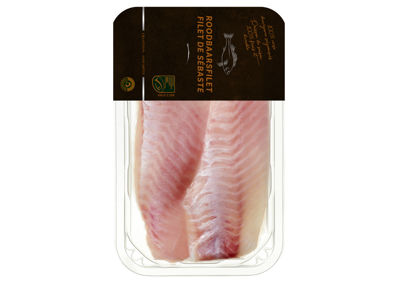 Verpakte roodbaarsfilets met MSC-keurmerk en vermeldingen over duurzaamheid en graatvrij.