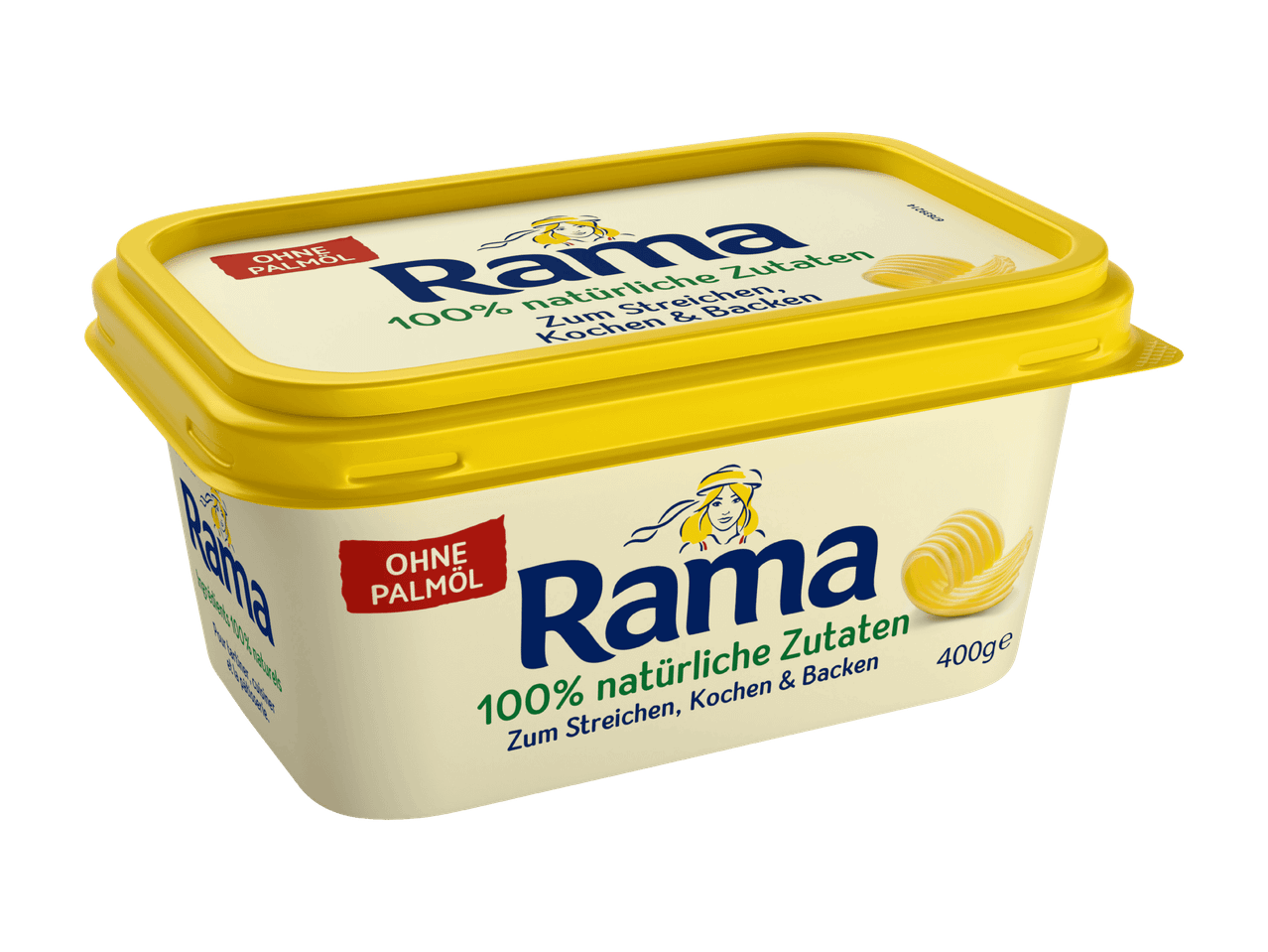Eine gelbe Margarinedose mit der Aufschrift „100% natürliche Zutaten, Zum Streichen, Kochen & Backen“.