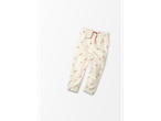 Calças de moletom creme com um padrão floral sutil e um cordão vermelho.