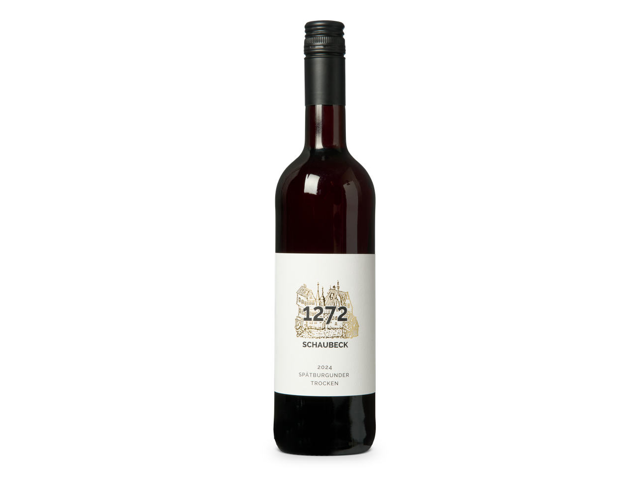 Fles rode wijn met een wit etiket met een gouden illustratie van gebouwen en '1272'