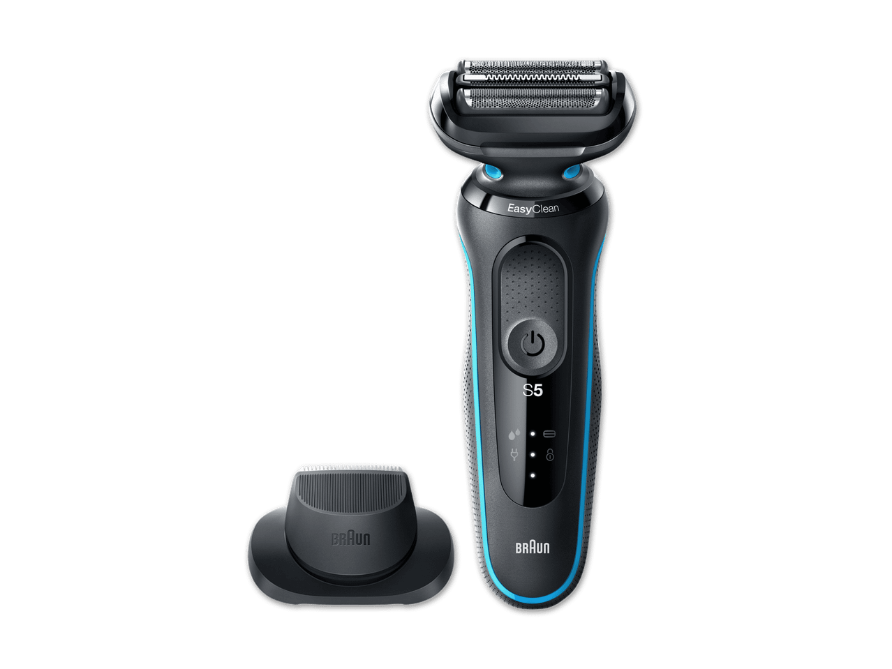 Braun Series 5 Rasierer mit Ladestation auf schwarzem Hintergrund.