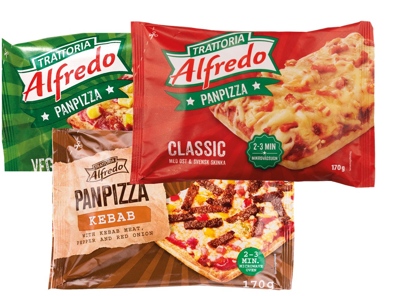 Tre förpackningar Trattoria Alfredo Panpizza i olika smaker: Classic, Kebab och en vegetarisk.