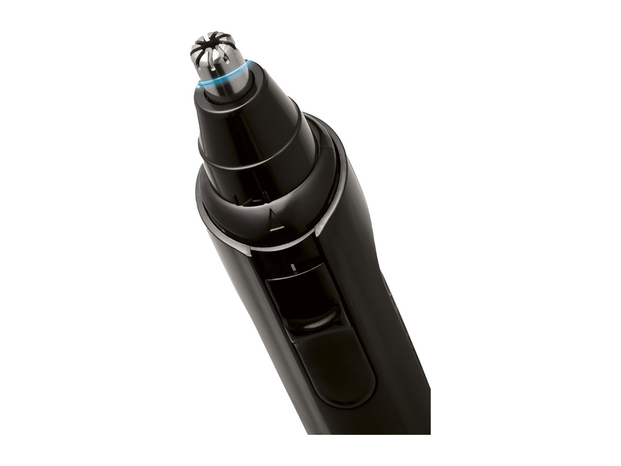 A black nose and ear hair trimmer is shown in close-up.