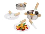 Play kitchen set with metal pots, wooden-handled utensils, and felt pasta on white plates.