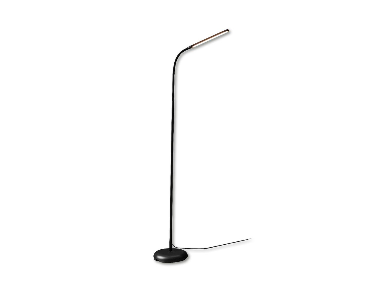 Melns grīdas lukturis ar elastīgu, izliektu LED gaismu.