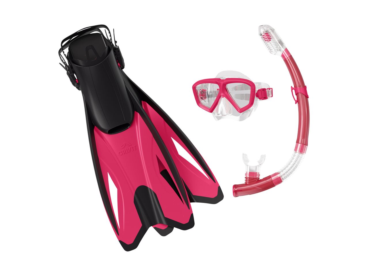 Pink og sort snorkeludstyr med svømmefødder, dykkermaske og snorkel.