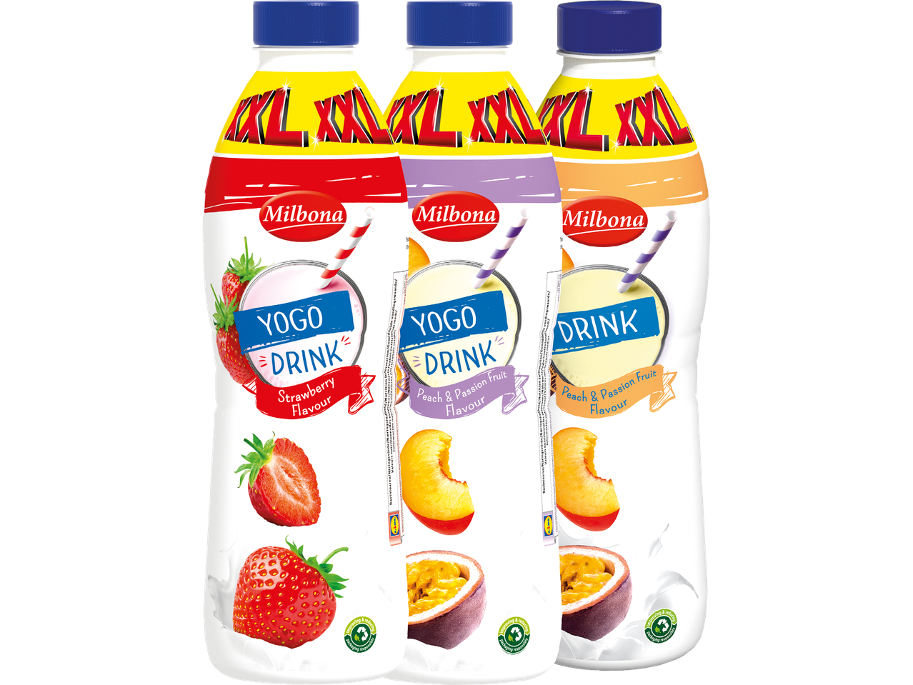 Tre Milbona Yogodrycker i smakerna jordgubb, persika och passionsfrukt.