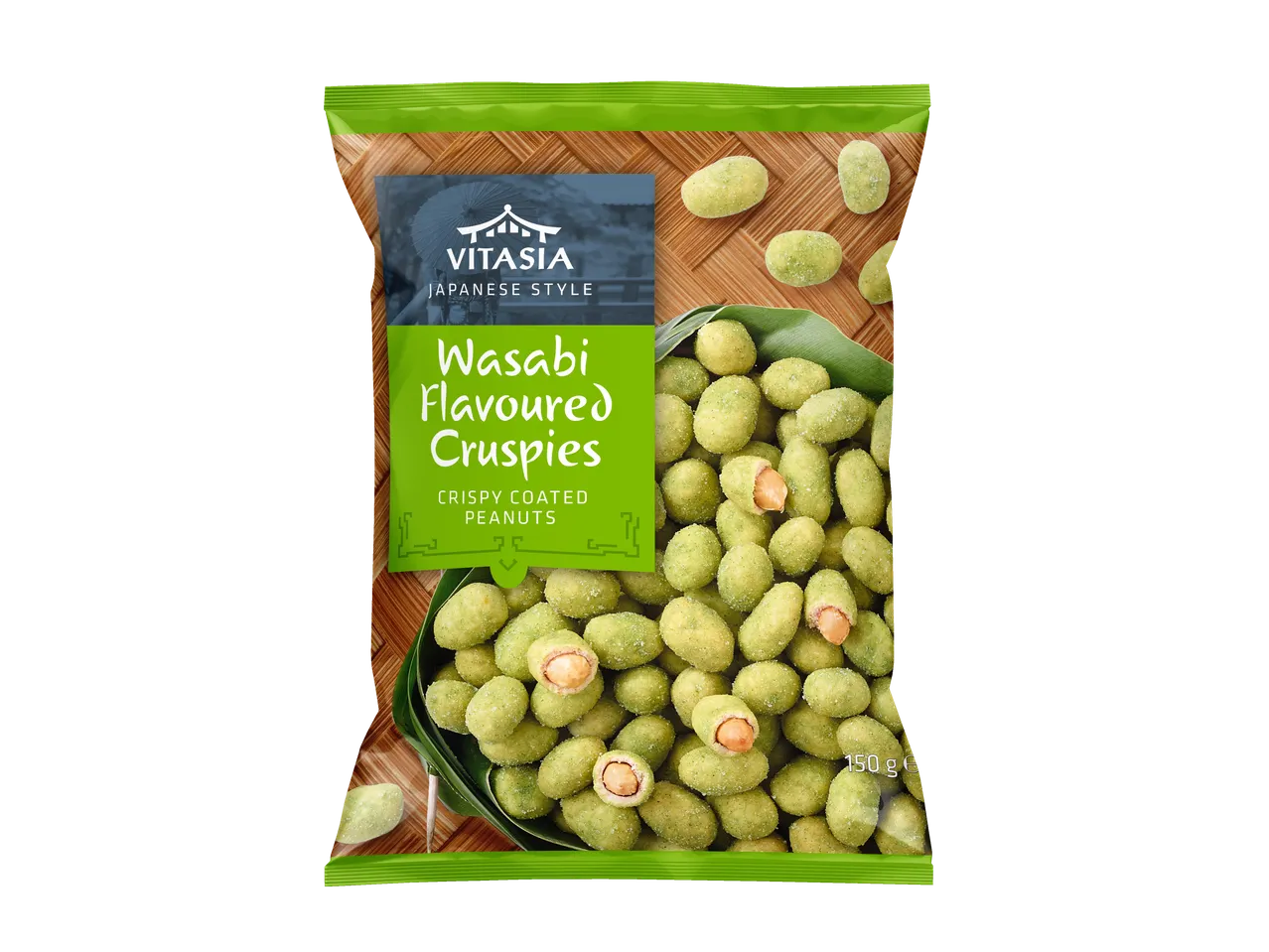 Vitasia Japanese Style Wasabi Flavoured Cruspies, crispy coated peanuts in a green bag.