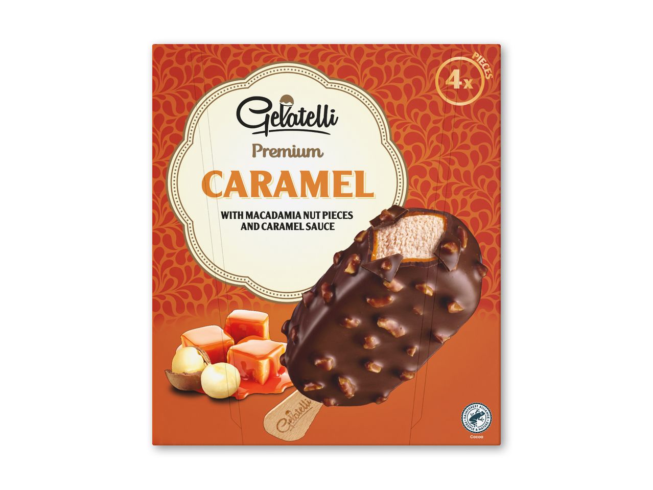 Karamel-isbar med macadamianødder og karamelsauce, 4 stk.