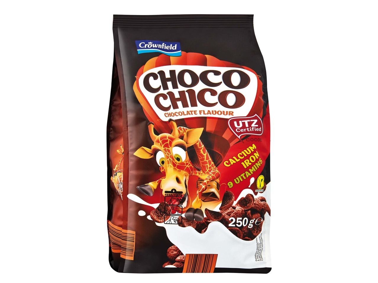 Crownfield Choco Chico csokis müzli: 250g, kalciummal, vassal és vitaminokkal.