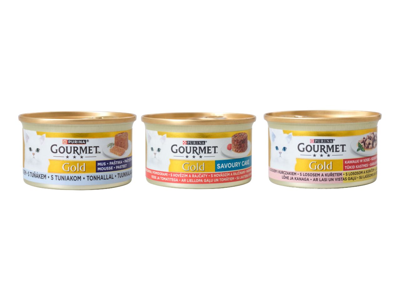 Trīs Purina Gourmet Gold kaķu barības bundžas ar dažādām garšām.