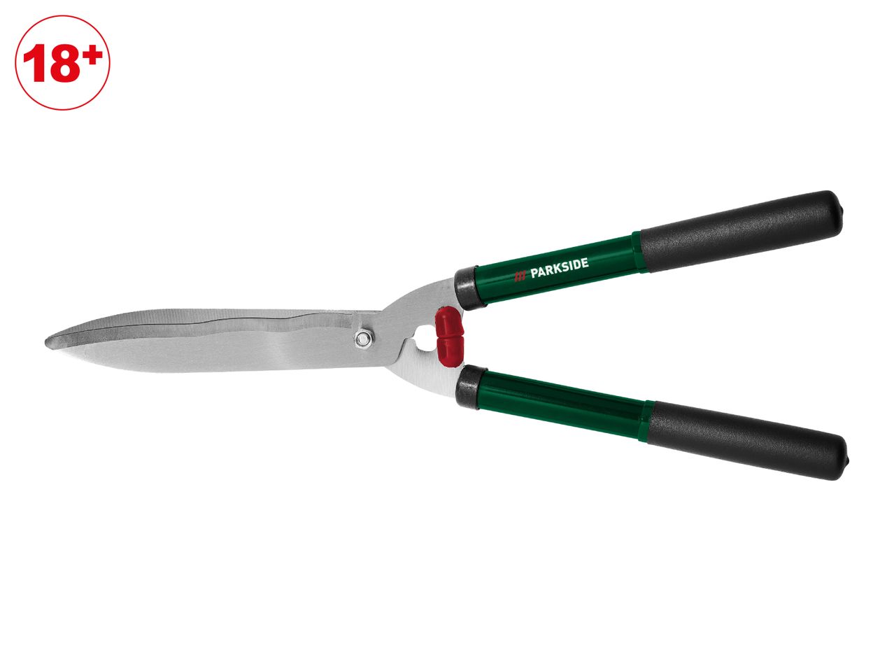 Hedge shears with green handles and black grips, with an 18+ age restriction symbol.