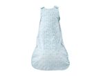 Light blue baby sleeping bag with white, light blue, and brown polka dots.
