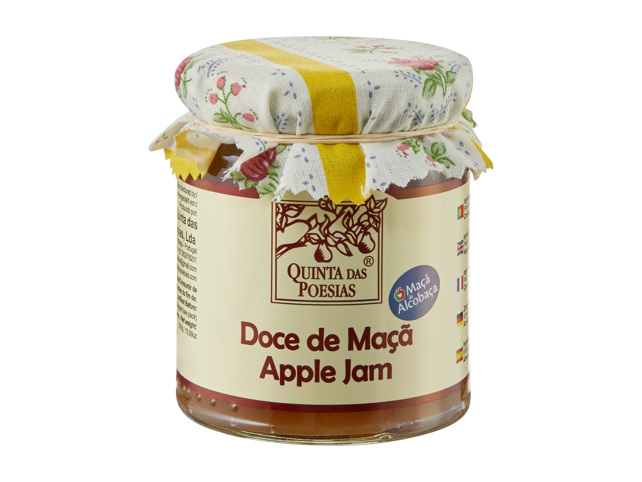 Pot appeljam met een stoffen deksel en een etiket met de tekst 'Doce de Maçã Apple Jam'.
