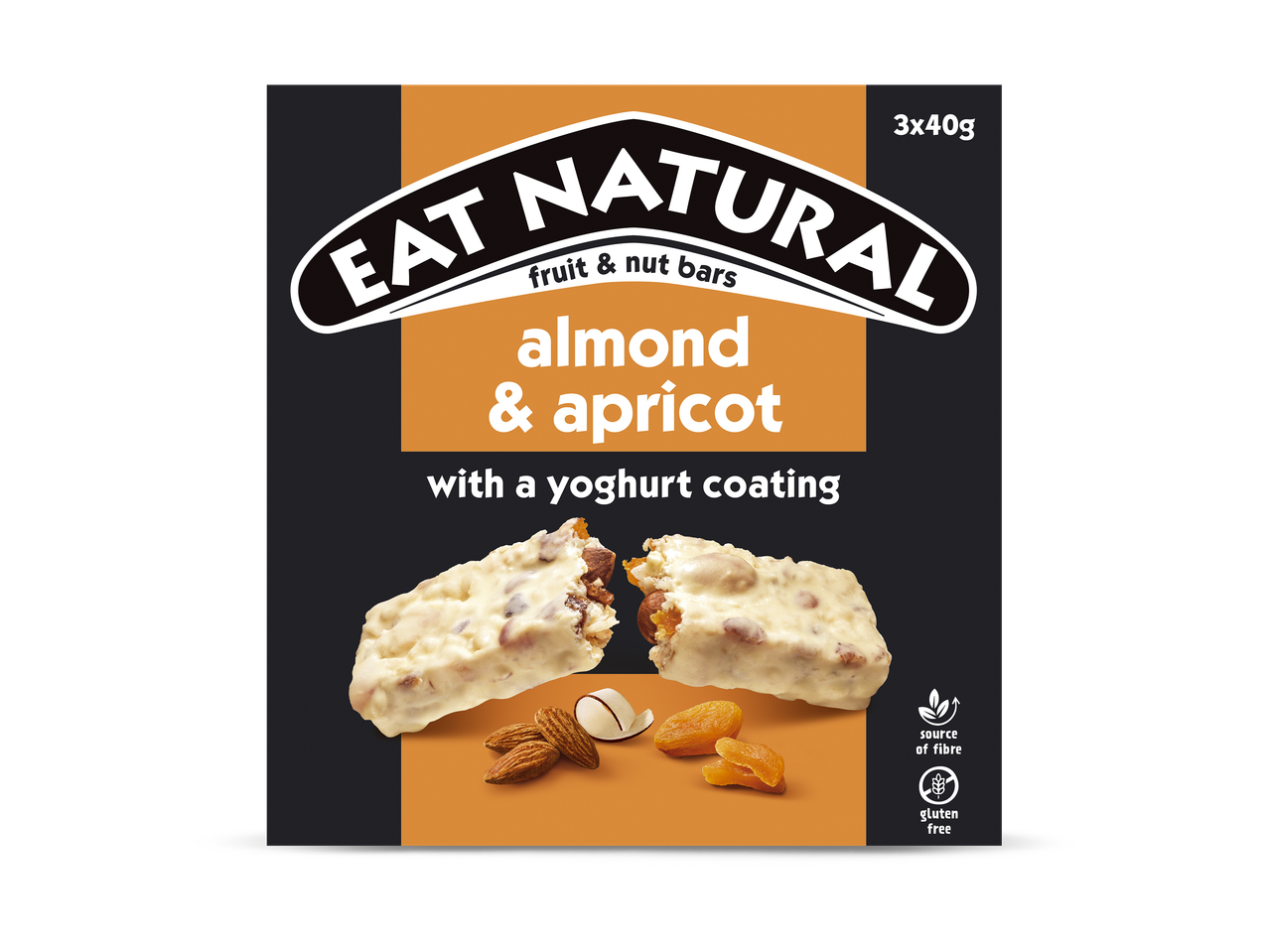 Amandel- en abrikozenrepen met yoghurtcoating, 3x40g, bron van vezels, glutenvrij.