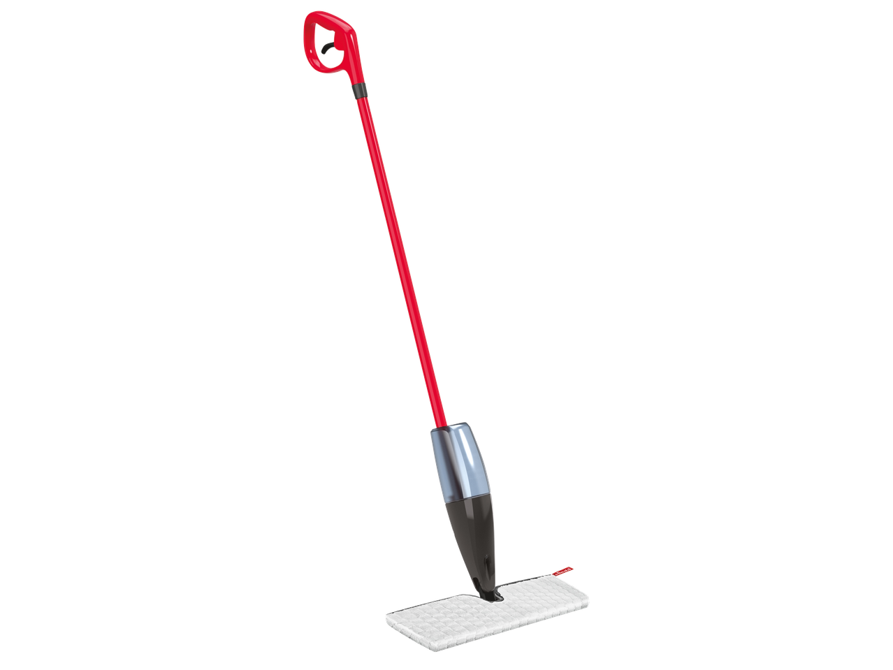 Червен моп за пръскане с бяла подложка за почистване.