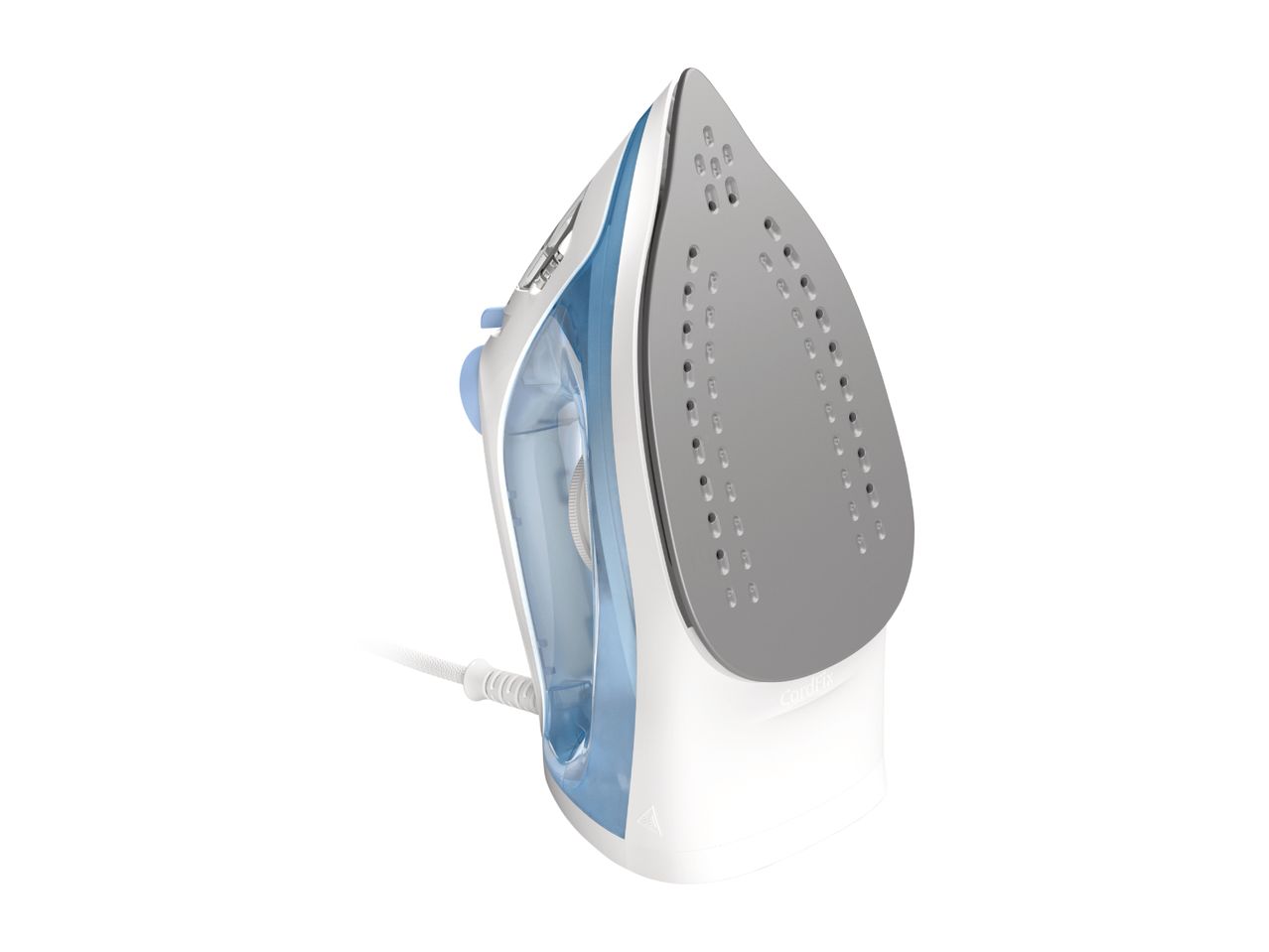 A Tefal CordFix iron with a gray soleplate and blue water tank is shown.