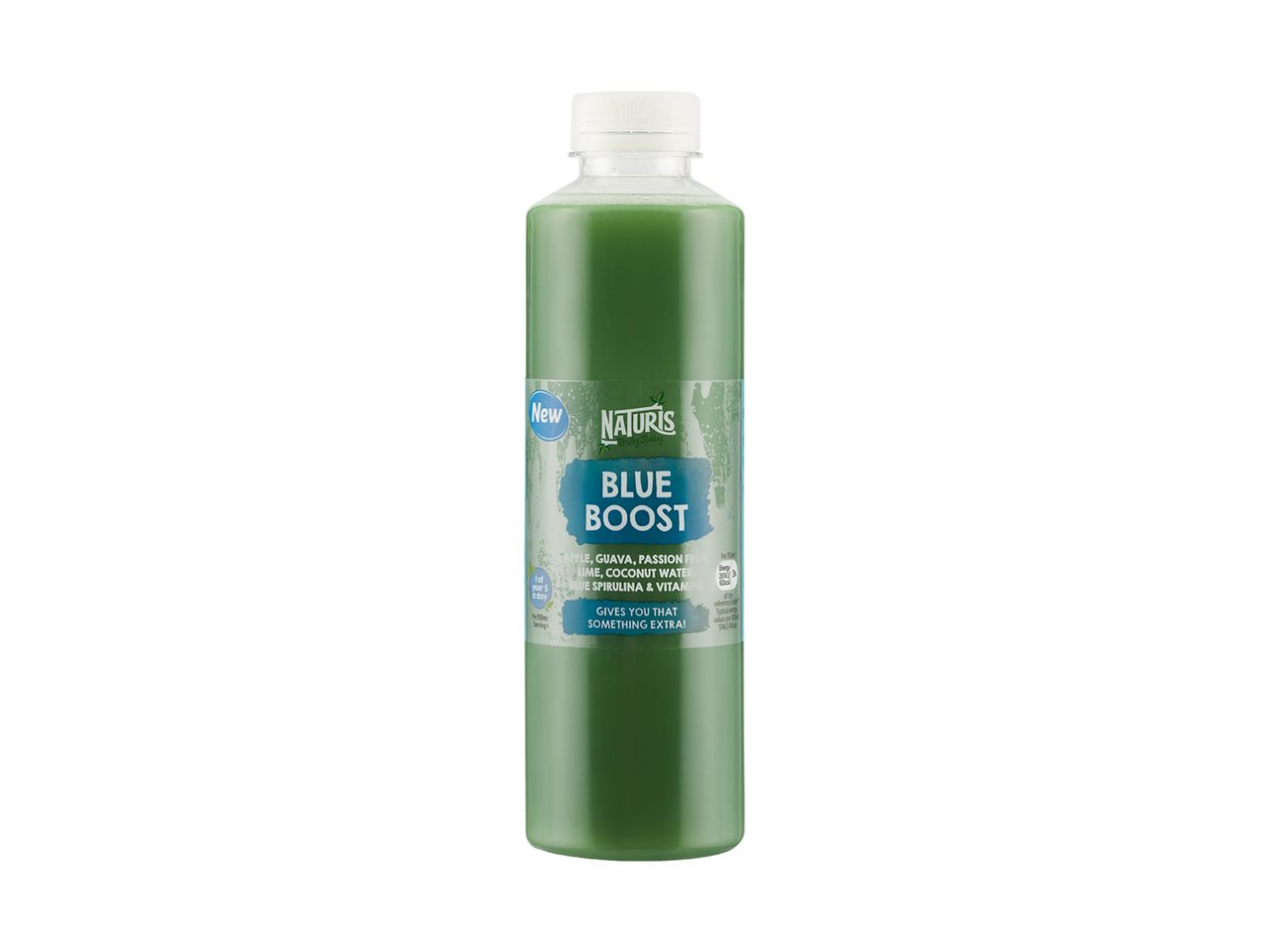 Naturis Blue Boost juice bottle: guava, passion fruit, lime, coconut water, spirulina & vitamins.
