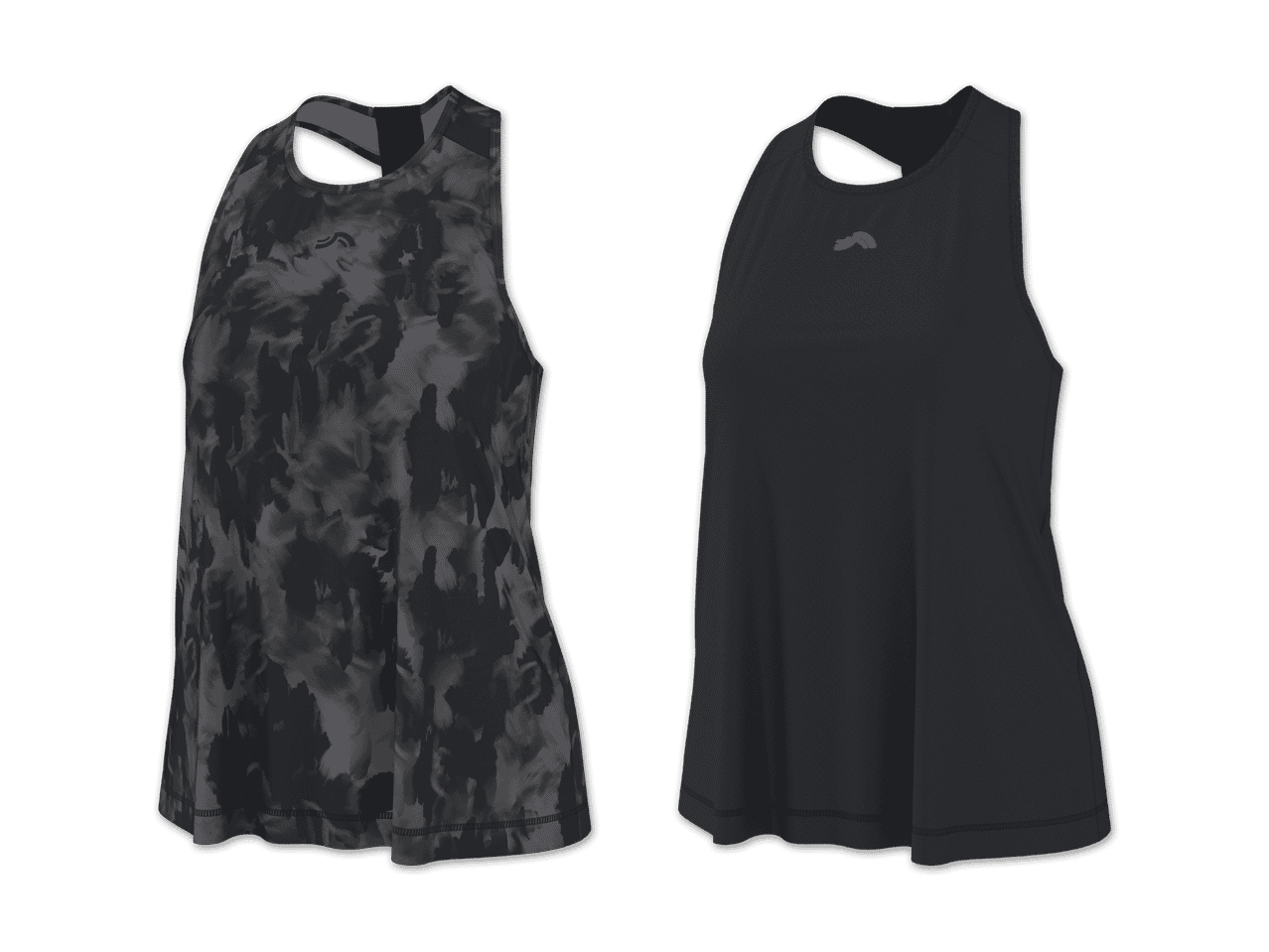 Zwei ärmellose Sportshirts, eines mit Camouflage-Muster und eines einfarbig schwarz.