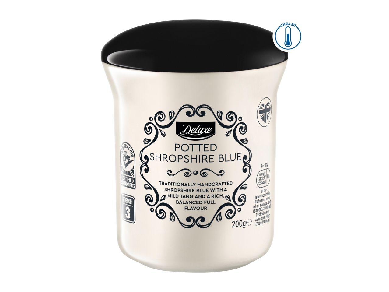 Deluxe Potted Shropshire Blue cheese in a ceramic pot, 200g, chilled.