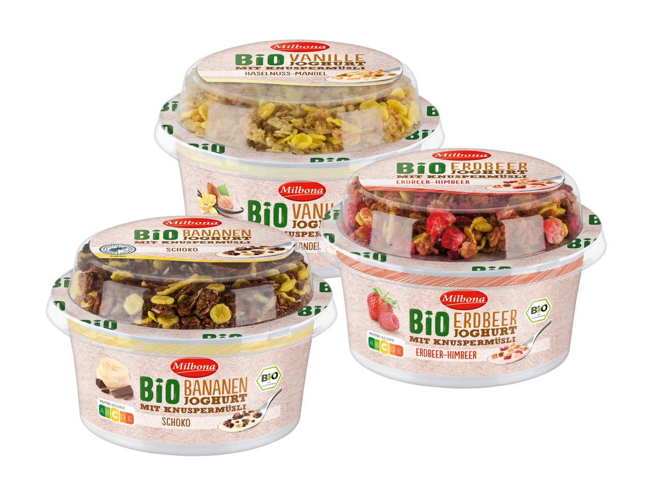Drei Bio-Joghurt-Becher mit verschiedenen Toppings von einem unbekannten Hersteller.