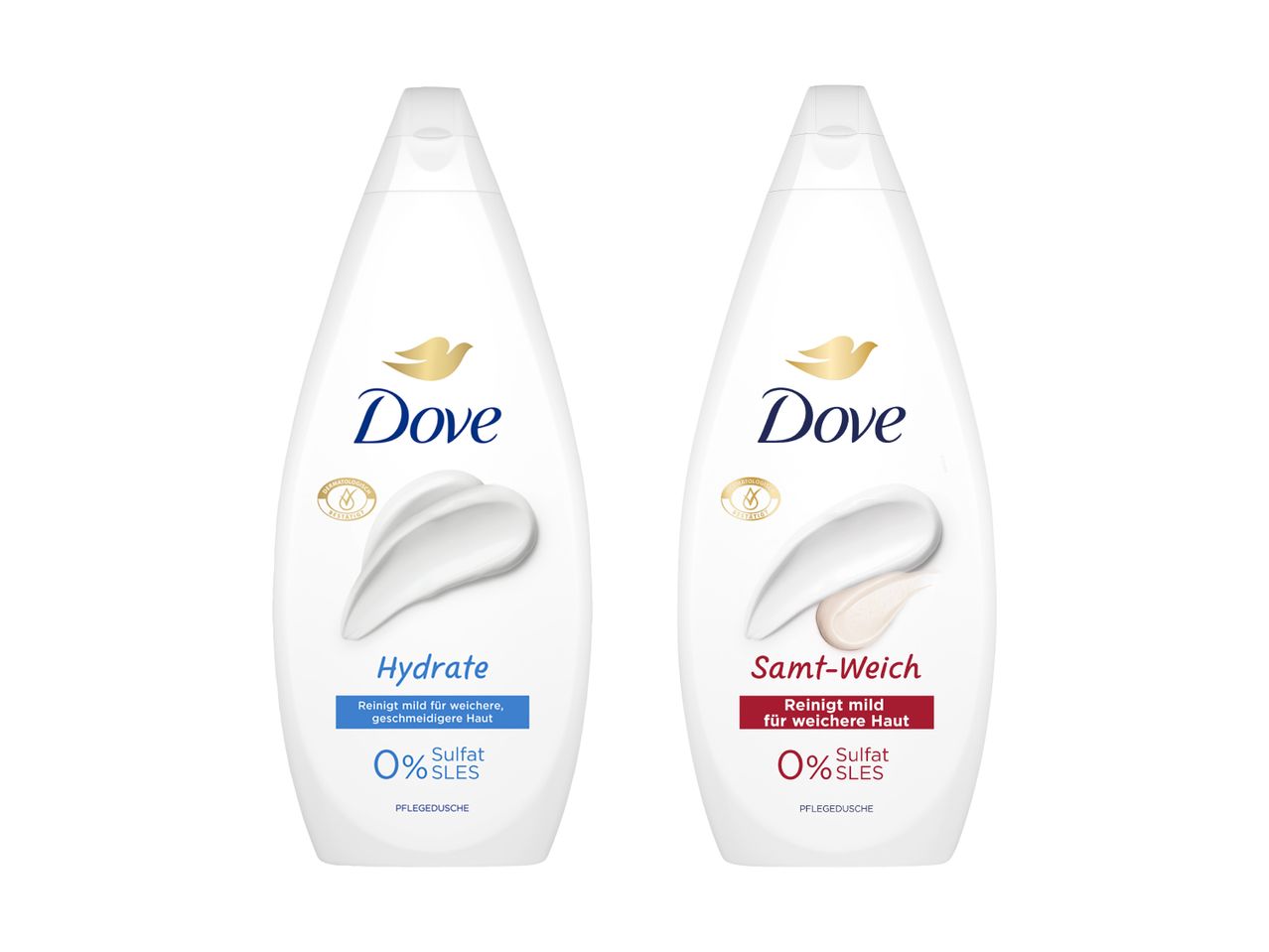 Deux gels douche Dove : Hydrate et Velouté, sans sulfate.