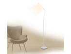 Candeeiro de pé LED LIVARNO branco, ao lado de uma poltrona bege, iluminando com luz quente.