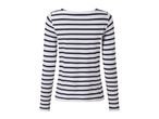 White and black striped long-sleeve boat neck shirt