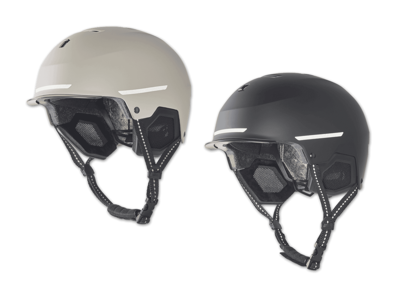 Zwei moderne Fahrradhelme in beige und schwarz mit reflektierenden Streifen.