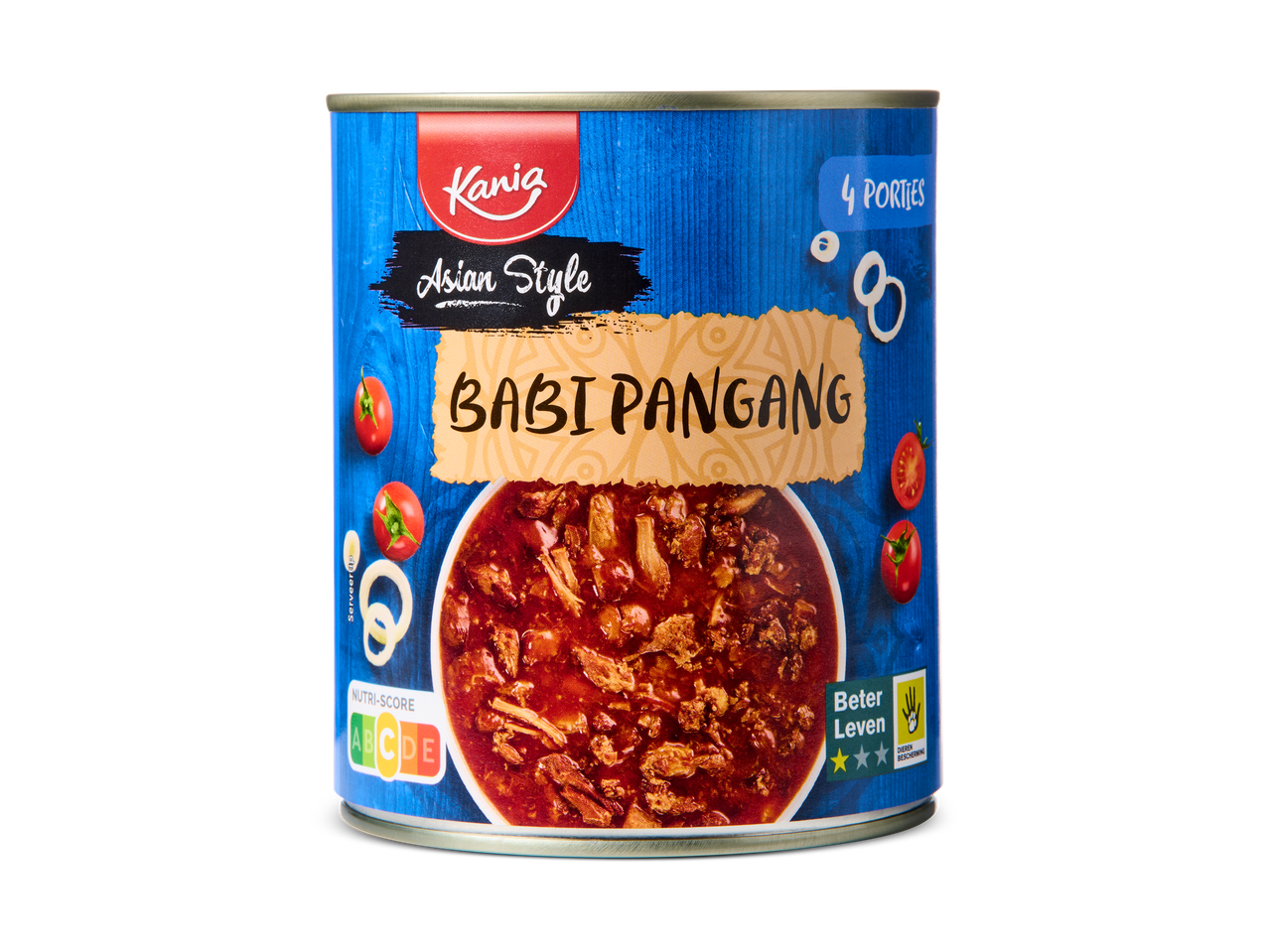 Blik Aziatische Babi Pangang met Nutri-Score A en 3 sterren Beter Leven keurmerk.
