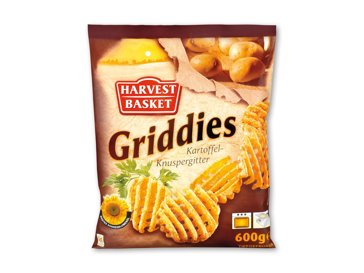 En pose Harvest Basket Griddies kartoffel-knuspergitter med billeder af kartofler og tilberedningsinstruktioner.