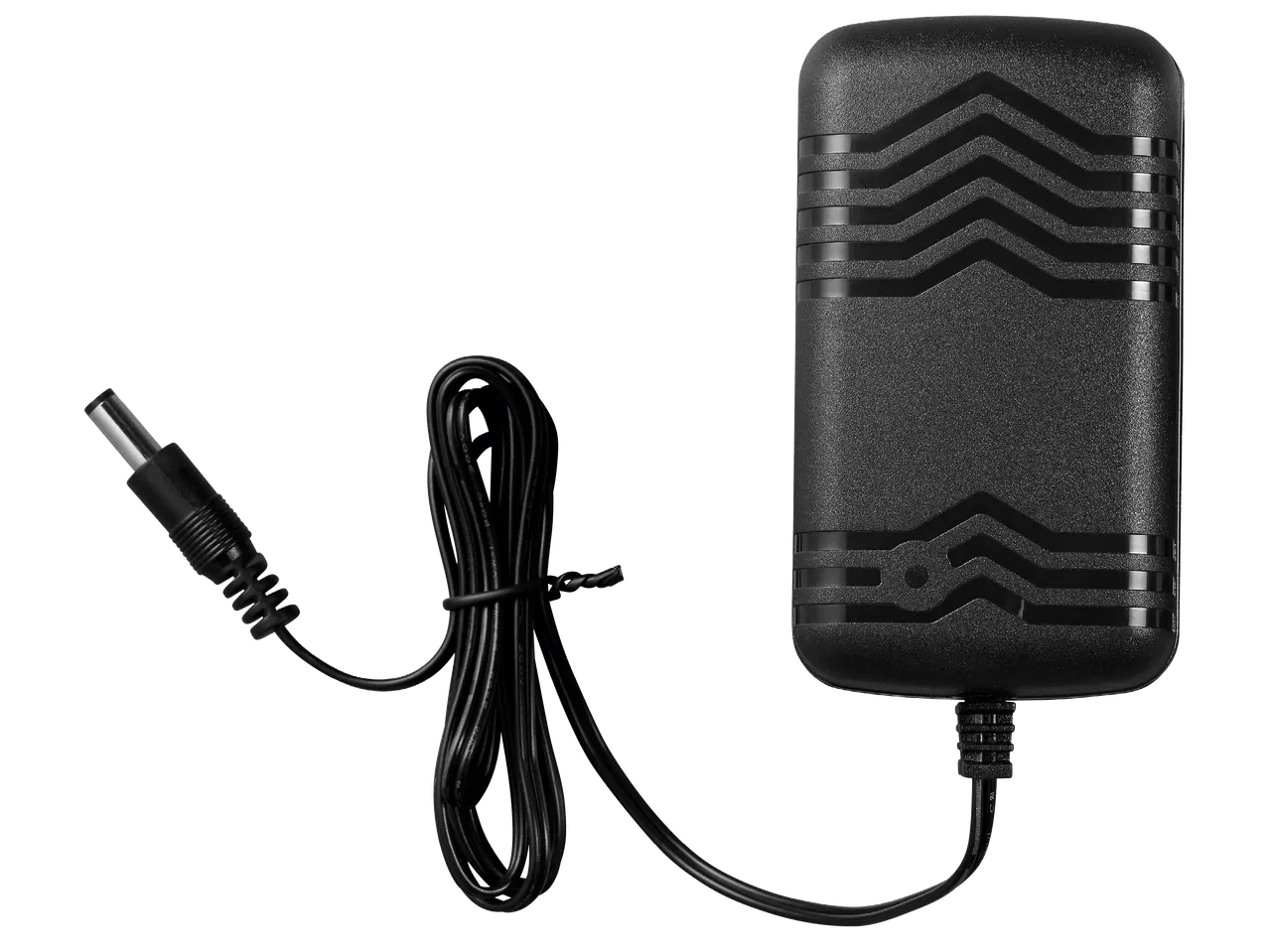 Черен захранващ адаптер с кабел и DC конектор.