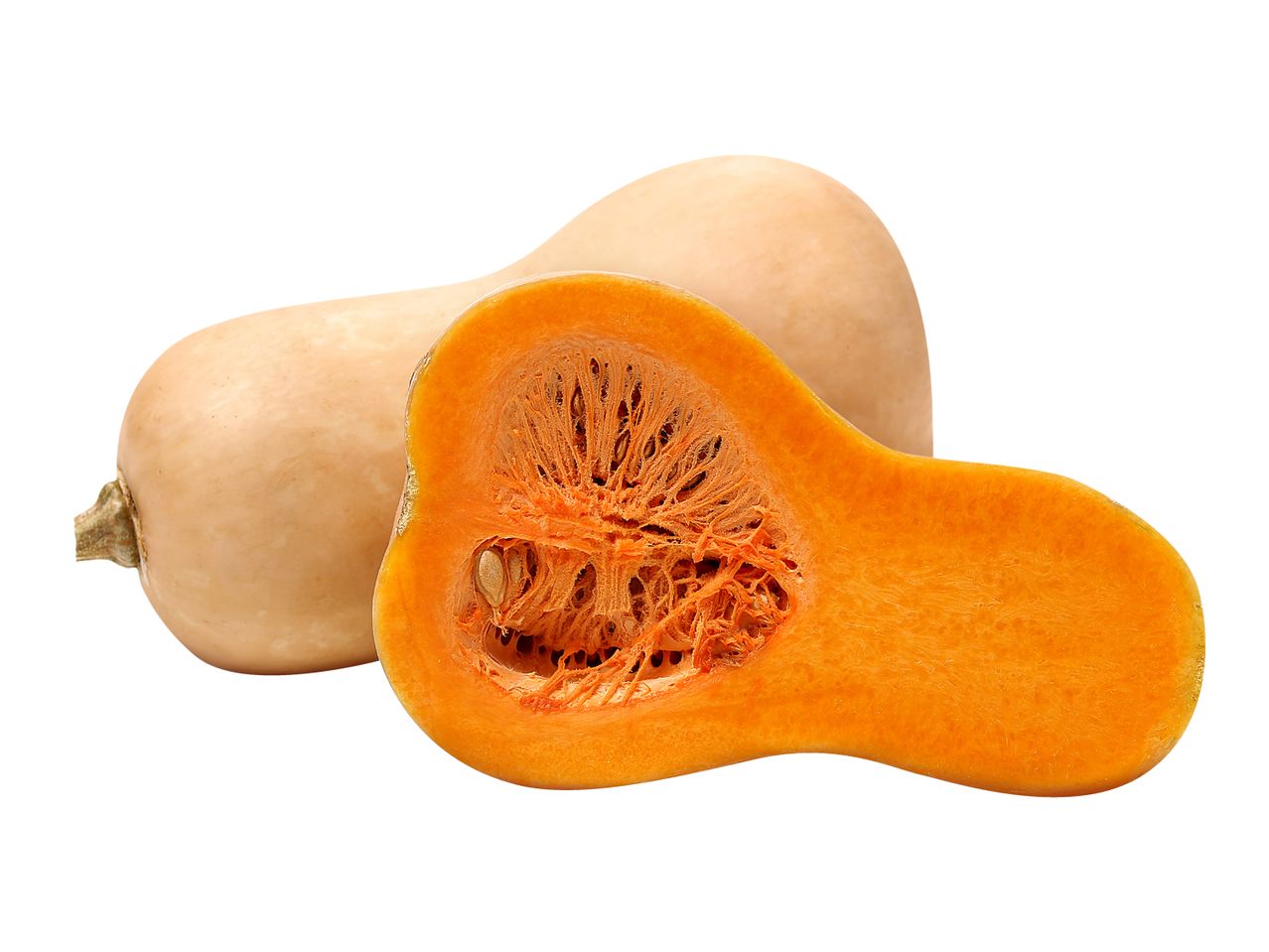 Whole and halved butternut squash, showing vibrant orange flesh and seeds.