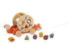 Wooden fox pull-along toy with a shape sorter drum and forest animal-themed blocks.