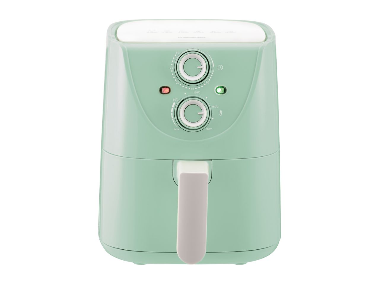 A mint green air fryer with two control dials and indicator lights.